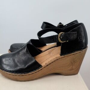 Born Nellie Closed Toe Ankle Strap Leather Wedges Heels Black Brown Size 10
